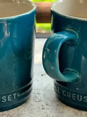 Le Creuset | 2 NEW 12 Oz Coffee Tea MUGS  -  DEEP TEAL Stoneware